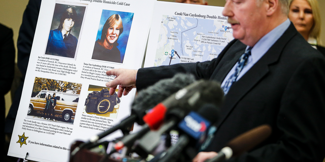 FILE - In this April 11, 2018, file photo, Snohomish County Cold Case Detective Jim Scharf, right, shares details of the unsolved case of the 1987 double homicide of Jay Cook and Tanya Van Cuylenborg, during a press conference in Everett, Wash. William Earl Talbott II charged in the slayings of the young Canadian couple is facing trial in Washington state this week. (Ian Terry/The Herald via AP, File)