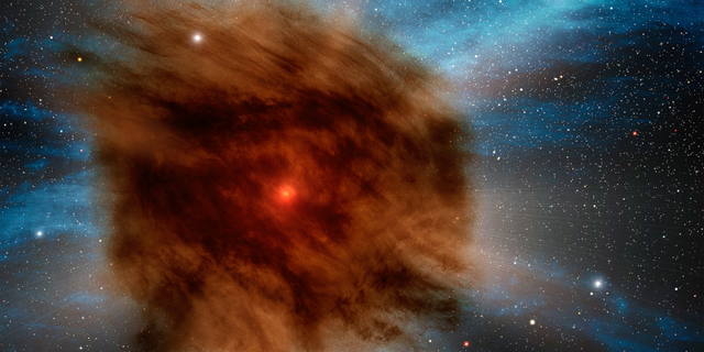 An artist's rendering of an outer shell of gas and dust surrounding a giant supernova.