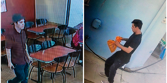 This combination of Monday, June 10, 2019 photos taken by a surveillance camera and provided by the Los Angeles County Sheriff's Department's Homicide Bureau shows a suspect the authorities are seeking the publics help in identifying in the shooting of a sheriff's deputy that left the officer critically wounded at a fast-food restaurant in Alhambra, Calif. The off-duty deputy was shot on Monday as he waited in line at the restaurant. The photo at right shows the suspect after he changed his clothes in a nearby neighborhood. (Los Angeles County Sheriff's Department's Homicide Bureau via AP)