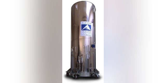 This "Bigfoot" Dewar is custom-designed to contain four whole-body patients and five neuropatients immersed in liquid nitrogen at -196 degrees Celsius. The Dewar is an insulated container that consumes no electric power. Liquid nitrogen is added periodically to replace the small amount that evaporates.
