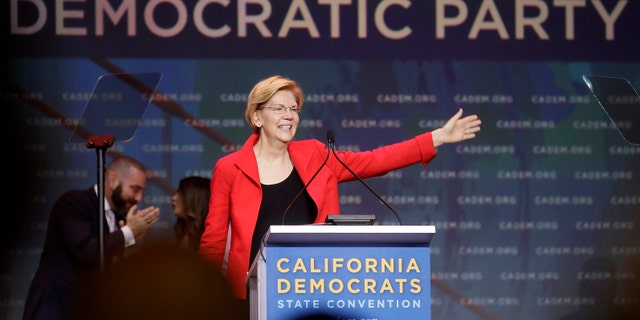 Democratic presidential candidate Sen. Elizabeth Warren, D-Mass., waves before speaking during the 2019 California Democratic Party State Organizing Convention in San Francisco, Saturday, June 1, 2019. (AP Photo/Jeff Chiu)