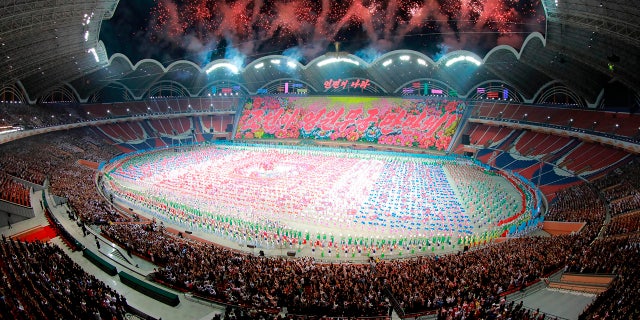 This image provided by the North Korean government shows the grand gymnastic and artistic performance at the May Day Stadium in Pyongyang.