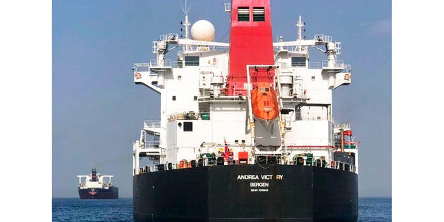 FILE: The Norwegian-flagged oil tanker MT Andrea Victory off the coast of Fujairah, United Arab Emirates. 