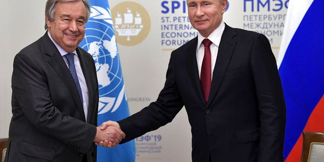 United Nations Secretary General Antonio Guterres pictured with Vladimir Putin earlier this month; State Department spokesperson Morgan Ortagus said that Deputy Secretary of State John Sullivan called Guterres, Friday, “to convey deep concerns,” regarding Vornonkov’s planned visit to Xinjiang, China.