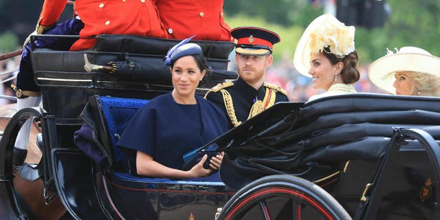 Britain's Prince Harry, Meghan Duchess of Sussex, Kate Duchess of Cambridge and Camilla Duchess of Cornwall attend the annual Trooping the Colour Ceremony