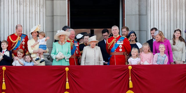 Britain's Queen Elizabeth, centre, and members of the Royal Family attend the annual Trooping the Color ceremony in London, Saturday June 8, 2019. Trooping the Color is the Queen's birthday parade and the one of the country's most impressive and iconic annual events attended by nearly every member of the Royal Family.  (AP Photo/Frank Augstein)