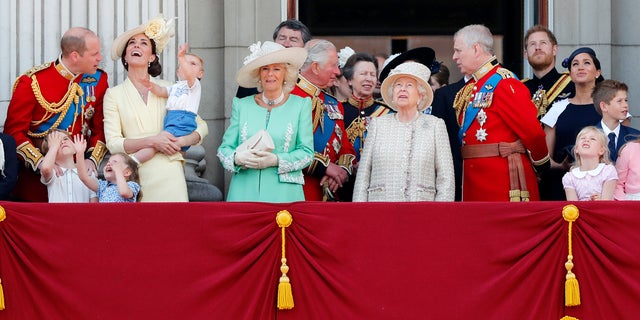 Britain's Queen Elizabeth, center, and members of the royal family attend the annual Trooping the Colour Ceremony in London, Saturday, June 8, 2019. Trooping the Colour is the Queen's Birthday Parade and one of the nation's most impressive and iconic annual events attended by almost every member of the Royal Family. 
