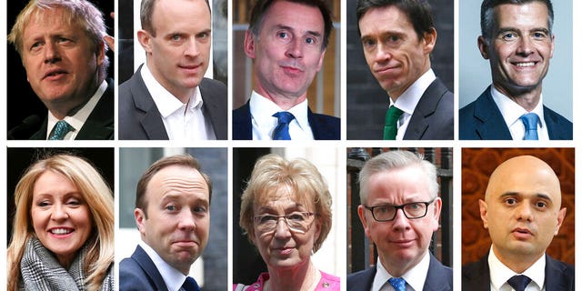 The Conservative Party leadership race, with top row from left, Boris Johnson, Dominic Raab, Jeremy Hunt, Rory Stewart, Mark Harper, and bottom row from left, Esther McVey, Matt Hancock, Andrea Leadsom, Michael Gove, Sajid Javid. Harper, McVey and Leadsom all dropped out after round one.