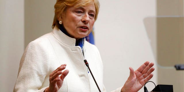 In this Feb. 11, 2019 file photo, Maine Gov.  Janet Mills delivers her Ella State of the Budget address to the Legislature at the State House in Augusta, Maine. 