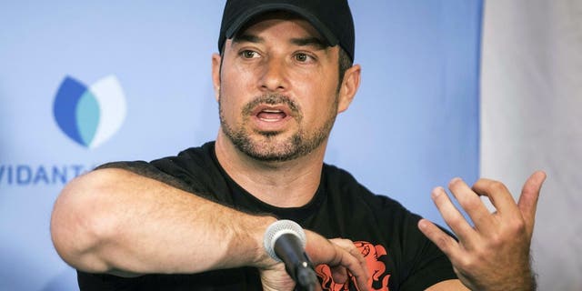 Charlie Winter describes how he grabbed his daughter Paige, 17, by her upper body to get her loose from a shark's grip during a press conference, Friday, June 14, 2019 in Greenville, N.C. (AP)