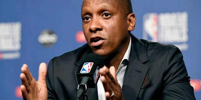 Toronto Raptors executive Masai Ujiri speaks to reporters in Toronto, May 29, 2019. (Associated Press)