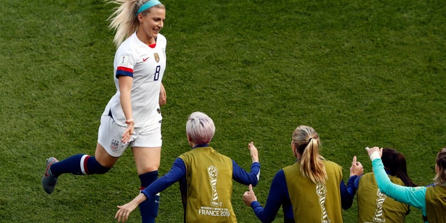 United States' Julie Ertz, left, celebrates after scoring her side's second goal during the Women's World Cup Group F soccer match between the United States and Chile at the Parc des Princes in Paris, Sunday, June 16, 2019. ()