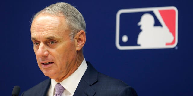 Major League Baseball Commissioner Rob Manfred speaks to reporters after a meeting of team owners in New York on June 20, 2019.