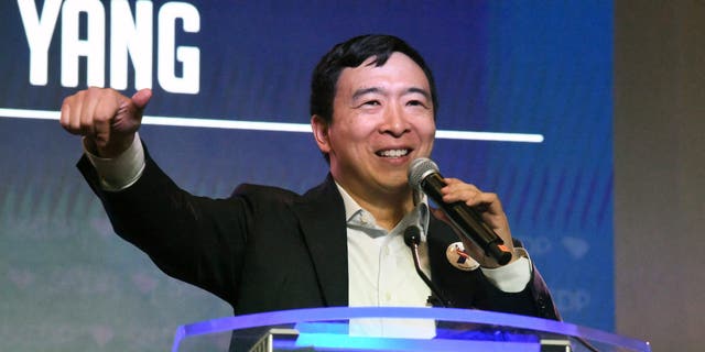 Businessman Andrew Yang addresses the South Carolina Democratic Party convention, Saturday, June 22, 2019 in Columbia, S.C.. (AP Photo/Meg Kinnard)