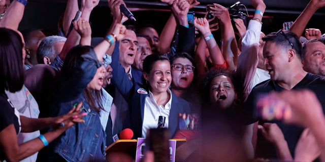 Queens district attorney candidate Tiffany Caban reacts as she is greeted by supporters Tuesday, June 25, 2019, in the Queens borough of New York. (AP Photo/Frank Franklin II)