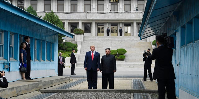 President Donald Trump meets with North Korean leader Kim Jong Un at the border village of Panmunjom in the Demilitarized Zone, South Korea, Sunday, June 30, 2019. (Associated Press)