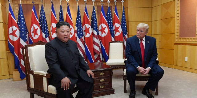 President Donald Trump meets with North Korean leader Kim Jong Un at the border village of Panmunjom in the Demilitarized Zone, South Korea, Sunday, June 30, 2019. (Associated Press)