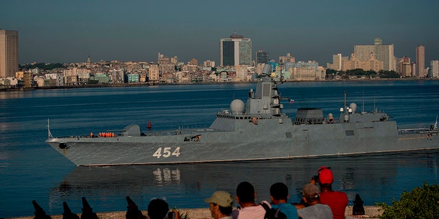 Russian Navy Admiral Gorshkov frigate arrives at the port of Havana, Cuba, on Monday. (AP)