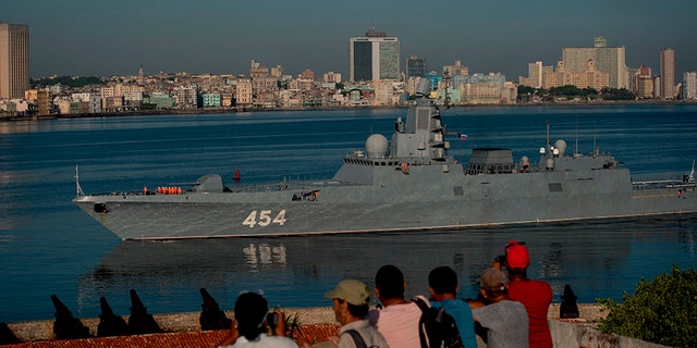 Russian Navy Admiral Gorshkov frigate arrives at the port of Havana, Cuba, on Monday. (AP)