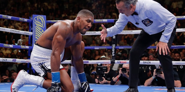 Anthony Joshua waits during the referee's count after he was knocked down during the seventh round of a heavyweight championship boxing match against Andy Ruiz on Saturday, June 1, 2019, in New York. Ruiz won in the seventh round. (AP Photo/Frank Franklin II)