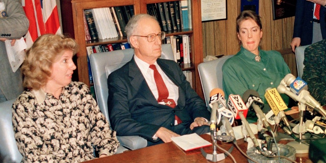 In this March 26, 1988 file photo, prosecutor Linda Fairstein, left, is shown during a news conference in New York. Fairstein was the top Manhattan sex crimes prosecutor when five teenagers were wrongly charged with the 1989 rape and beating of a woman jogging in New York's Central Park. Seated at the table from left are Fairstein, District Attorney Robert Morgenthau, and Ellen Levin, whose daughter Jennifer Levin was murdered in 1986. (AP Photo/Charles Wenzelberg, File)