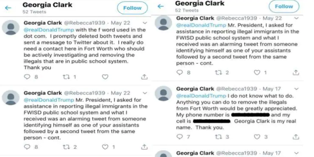 Georgia Clark, a former teacher from the Fort Worth Independent School District, told President Trump a series of tweets that she thought were private.