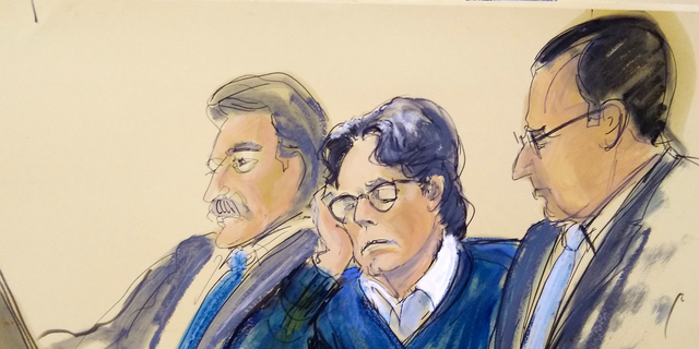 In this courtroom artist's sketch, defendant Keith Raniere, center, sits with attorneys Paul DerOhannesian, left, and Marc Agnifilo during closing arguments at Brooklyn federal court, Tuesday, June 18, 2019 in New York. A federal prosecutor said Raniere used his NXIVM organization to "tap into a never-ending flow of women and money." Attorneys for the defendant say he had no criminal intent and that his sexual encounters with followers were consensual. (Elizabeth Williams via AP)