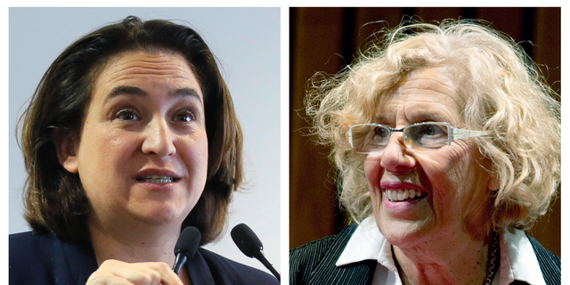 FILE - This combination file photo shows Barcelona mayor Ada Colau, left, delivering a speech in Paris on Oct. 23, 2017, and Madrid mayor Manuela Carmena, right, presenting her new book on Aug. 28, 2015, in Buenos Aires, Argentina.  The future of the left-wing mayors of Spain’s two biggest cities is being decided as political parties work against the clock to determine who will govern the country’s municipal governments. Cities across Spain have until Saturday, June 15, 2019, to choose mayors following May 26 elections. (AP Photo/File, Michel Euler, left photo, and Natacha Pisarenko, right photo.)