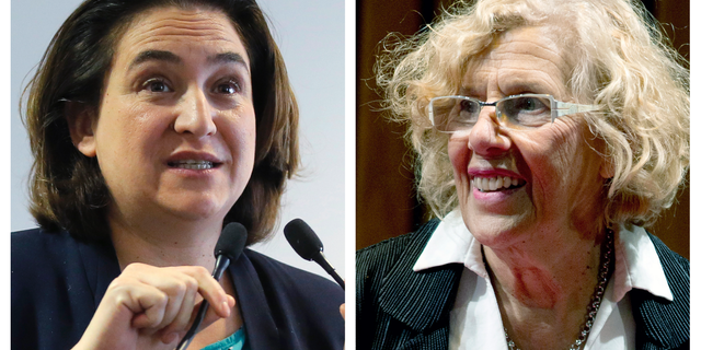 FILE - This combination file photo shows Barcelona mayor Ada Colau, left, delivering a speech in Paris on Oct. 23, 2017, and Madrid mayor Manuela Carmena, right, presenting her new book on Aug. 28, 2015, in Buenos Aires, Argentina. The future of the left-wing mayors of Spain’s two biggest cities is being decided as political parties work against the clock to determine who will govern the country’s municipal governments. Cities across Spain have until Saturday, June 15, 2019, to choose mayors following May 26 elections. (AP Photo/File, Michel Euler, left photo, and Natacha Pisarenko, right photo.)