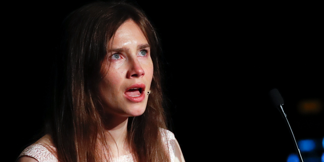 Amanda Knox gets emotional as she speaks at a Criminal Justice Festival at the University of Modena, Italy, Saturday, June 15, 2019. (Associated Press)