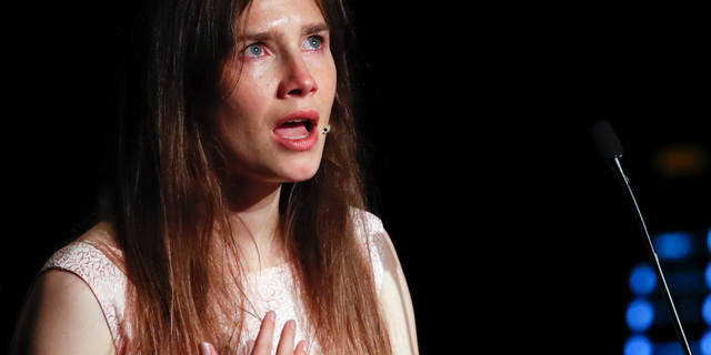 Amanda Knox gets emotional as she speaks at a Criminal Justice Festival at the University of Modena, Italy, Saturday, June 15, 2019. (Associated Press)