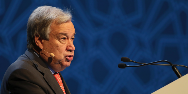 United Nations Secretary General Antonio Guterres, talks to the audience at the opening ceremony of the United Nations climate change summit in Abu Dhabi, United Arab Emirates, Sunday, June 30, 2019.