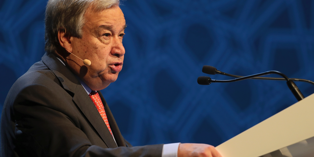 United Nations Secretary General Antonio Guterres, talks to the audience at the opening ceremony of the United Nations climate change summit in Abu Dhabi, United Arab Emirates, Sunday, June 30, 2019.