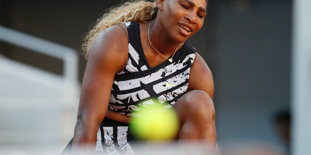 Serena Williams of the U.S. reacts after missing a shot against Sofia Kenin of the U.S. during their third round match of the French Open tennis tournament at the Roland Garros stadium in Paris, Saturday, June 1, 2019.