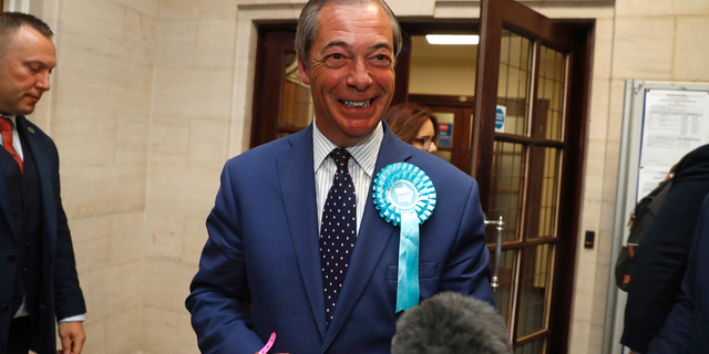 FILE - In this Sunday, May 26, 2019 file photo, Brexit Party leader Nigel Farage speaks to the media in Southampton, England. A 32-year-old man has been sentenced to community service for dousing pro-Brexit politician Nigel Farage with a milkshake. Paul Crowther pleaded guilty Tuesday, June 18 to common assault and criminal damage. District Judge Bernard Begley called the stunt an "act of crass stupidity motivated by your political views" and ordered Crowther to do 150 hours of volunteer work and pay Farage 350 pounds ($438) in damages. (AP Photo/Alastair Grant, file)
