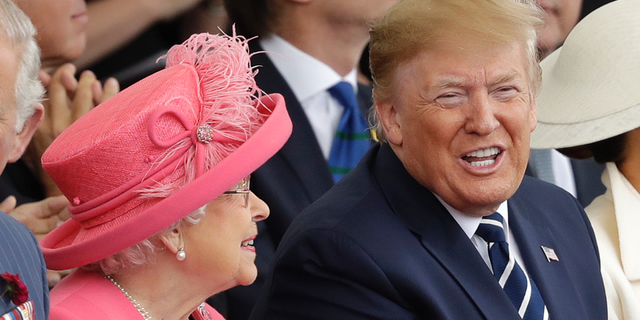 Queen Elizabeth II and President Donald Trump attend an event to mark the 75th anniversary of D-Day in Portsmouth, England Wednesday, June 5, 2019. World leaders including U.S. President Donald Trump are gathering Wednesday on the south coast of England to mark the 75th anniversary of the D-Day landings. (AP Photo/Matt Dunham)