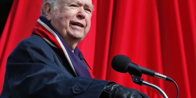 FILE - In this April 14, 2018 file photo, David Boren, president of the University of Oklahoma, speaks during the unveiling of a statue of former head football coach Bob Stoops in Norman, Okla. Former President Boren has cut all remaining ties with the university, surrendering his president emeritus status, stoping teaching political science at the university and letting go of his free tickets to football games and other OU sporting events.The university was investigating whether Boren sexually harassed male subordinates. (AP Photo/Sue Ogrocki, File)