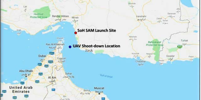This map provided by the Department of Defense, Thursday, June 20, 2019, shows the site where they say a U.S. Navy RQ-4 drone was shot down.