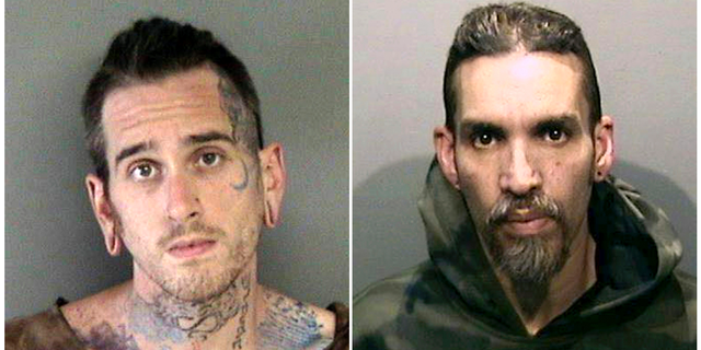 FILE - This combination of June 2017, file booking photos provided by the Alameda County Sheriff's Office shows Max Harris, left, and Derick Almena at Santa Rita Jail in Alameda County, Calif. Harris, one of two men blamed for a warehouse fire that killed 36 people in the San Francisco Bay Area two years ago, is scheduled to take the witness stand Monday, June 17, 2019, in Oakland. He faces involuntary manslaughter charges along with Almena, who is accused of illegally converting the so-called Ghost Ship warehouse into an artist live-work space where the fire broke out in December 2016. (Alameda County Sheriff's Office via AP, File)
