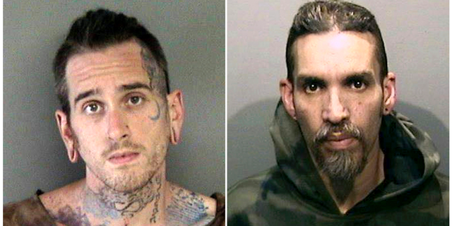 FILE - This combination of June 2017, file booking photos provided by the Alameda County Sheriff's Office shows Max Harris, left, and Derick Almena at Santa Rita Jail in Alameda County, Calif. Harris, one of two men blamed for a warehouse fire that killed 36 people in the San Francisco Bay Area two years ago, is scheduled to take the witness stand Monday, June 17, 2019, in Oakland. He faces involuntary manslaughter charges along with Almena, who is accused of illegally converting the so-called Ghost Ship warehouse into an artist live-work space where the fire broke out in December 2016. (Alameda County Sheriff's Office via AP, File)