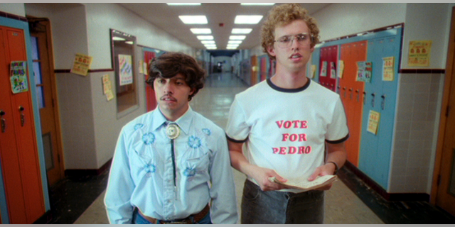 This 2004 photo provided by Twentieth Century Fox and Paramount Pictures shows Jon Heder, as Napoleon Dynamite, right, and Efren Ramirez, as Pedro, in a scene from the cult classic comedy "Napoleon Dynamite." (Twentieth Century Fox/Paramount Pictures via AP)