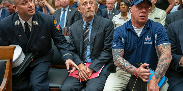 Entertainer and activist Jon Stewart lends his support to firefighters, first responders and survivors of the September 11 terror attacks at a hearing by the House Judiciary Committee as it considers permanent authorization of the Victim Compensation Fund, on Capitol Hill in Washington, Tuesday, June 11, 2019. (AP Photo/J. Scott Applewhite)