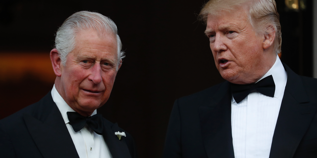 President Trump and Britain's Prince Charles outside Winfield House, the residence of the Ambassador of the United States of America to the U.K., in Regent's Park, London, on June 4, 2019. (AP Photo/Alastair Grant)