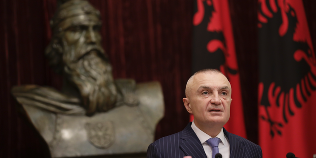 Albanian President Ilir Meta speaks during a news conference in capital Tirana, Albania on Monday June 10, 2019. Albania's president says he has canceled upcoming municipal elections fearing a “social tension.” Ilir Meta said holding elections without the opposition would be “undemocratic” and would “freeze the country’s integration.” (AP Photo/Hektor Pustina)