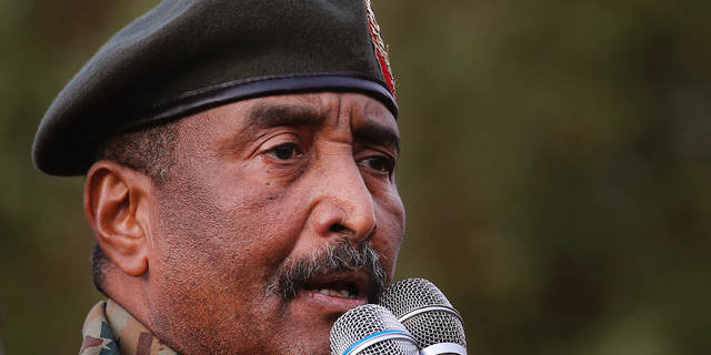 Sudanese Gen. Abdel-Fattah Burhan, head of the military council, speaks during a military-backed rally, in Omdurman district, west of Khartoum, Sudan, Saturday, June 29, 2019.