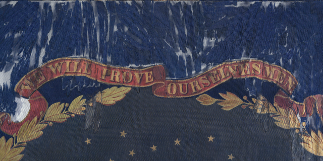 This undated photo provided by Morphy Auctions shows a detail of the 127th Regiment United States Colored Troops battle flag in Denver, Pa. The flag was carried into battle by one of the 11 black Union regiments during the Civil War is going up for auction in Pennsylvania. The flag was painted by David Bustill Bowser, an African American artist who was a member of one of the regiments and the son of a fugitive slave. (Morphy Auctions via AP)