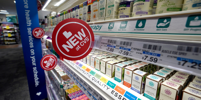 FILE- In this May 30, 2019, file photo, signs advertise new products available inside a CVS store with the new HealthHUB in Spring, Texas. On Wednesday, June 12, the Labor Department reports on U.S. consumer prices for May. (AP Photo/David J. Phillip, File)