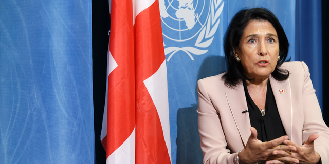 Georgian President Salome Zourabichvili speaks to the Associated Press during an interview on the margins of the 108th session of the International Labour Conference - ILO Centenary Session, at the European headquarters of the United Nations in Geneva, Switzerland, Monday, June 10, 2019. (Salvatore Di Nolfi/Keystone via AP))