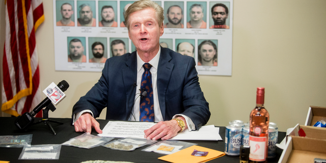 Genesee County Sheriff Robert J. Pickell announces charges pressed against 22 individuals in relation to a child sex sting operation by the newly-formed Genesee Human Oppression Strike Team, known as GHOST, on Monday, June 10, 2019 at the Genesee County Sheriff's Office in Flint, Mich. Three human trafficking felony charges are also pending. (Jake MayThe Flint Journal via AP)