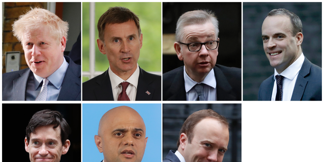 This combination photo made up of file photos shows the remaining contenders in the Conservative Party leadership race after the first round of votes on Thursday June 13, 2019. From top left, Boris Johnson, Jeremy Hunt, Michael Gove, Dominic Raab and bottom row from left, Rory Stewart, Sajid Javid and Matt Hancock. Boris Johnson secured the most support in the first round, while three other candidates have been eliminated. (AP Photo)